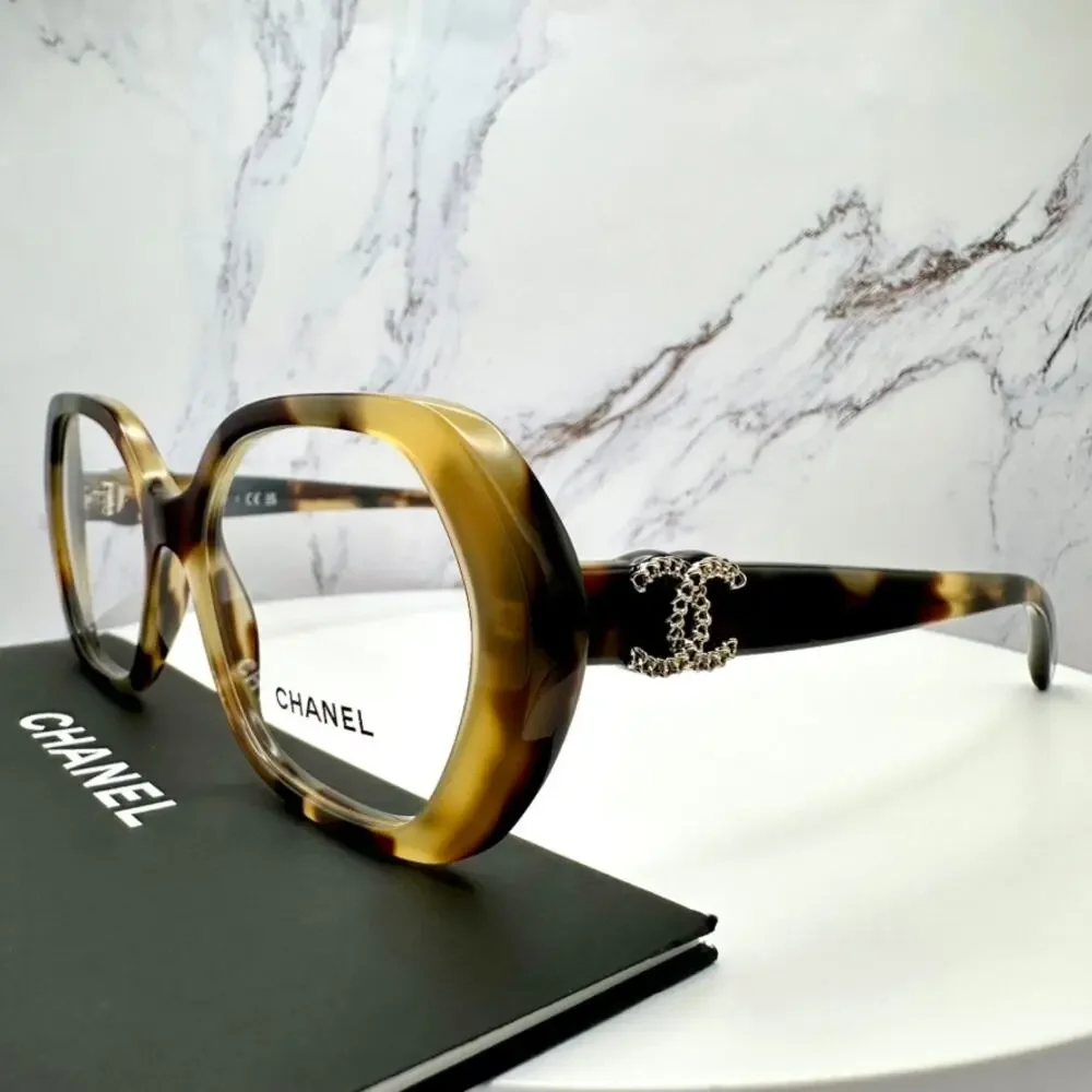 New CHANEL Eyeglasses Brown Gold Chain CC Square Acetate Womens - Picture 4 of 16